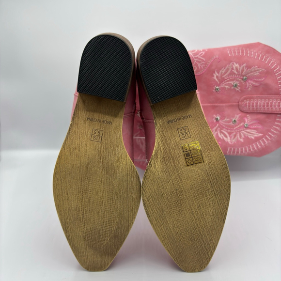 Wide Calf Pink Embroidered Rhinestone Cowboy Boots Knee High Snip Toe 8.5 NWB - Picture 13 of 16